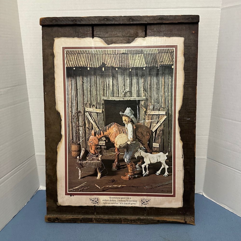 Gene Zesch Rustic Wood Wall Art Cowboy Horse Barn Scene Western Decor 24x18